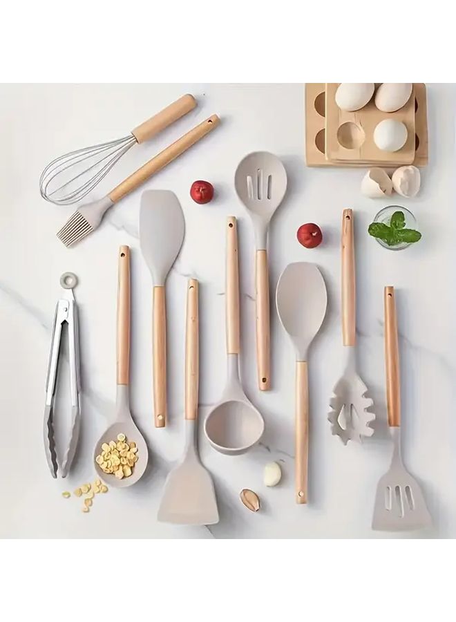 White 12 Piece Silicone Kitchen Utensil Set With Wooden Handles Non Stick Heat Resistant - Image 1