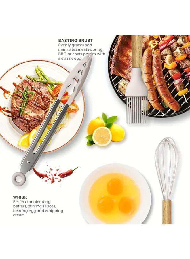 White 12 Piece Silicone Kitchen Utensil Set With Wooden Handles Non Stick Heat Resistant - Image 5