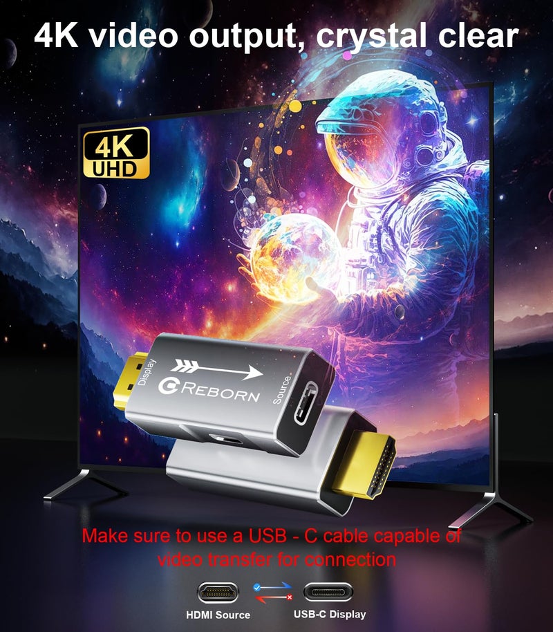 Reborn HDMI to USB C Adapter 4K 60Hz | Uni-Directional HDMI Source to Type-C Display Adapter for AR Glasses XREAL Oneã€Air 2 Pro/VITURE Pro/RayNeo Air 2s/Rokid,PS5,Portable Monitors - 1 Pack - Image 3