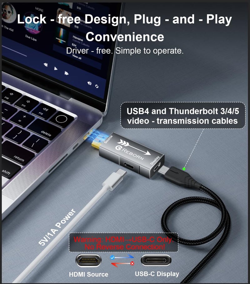 Reborn HDMI to USB C Adapter 4K 60Hz | Uni-Directional HDMI Source to Type-C Display Adapter for AR Glasses XREAL Oneã€Air 2 Pro/VITURE Pro/RayNeo Air 2s/Rokid,PS5,Portable Monitors - 1 Pack - Image 2