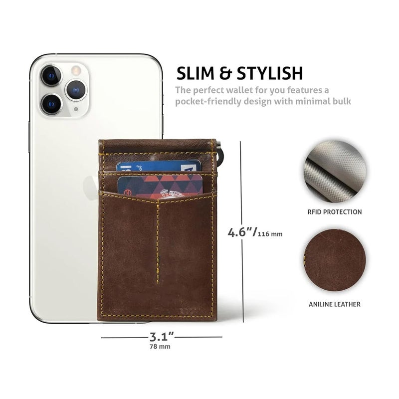 MaheTri Finley Money Clipper | Leather Wallets for Men with Strong Metal Clip | RFID Money Clip Wallet | Men's Front Pocket Minimalist Wallet (Walnut Brown) - Image 5