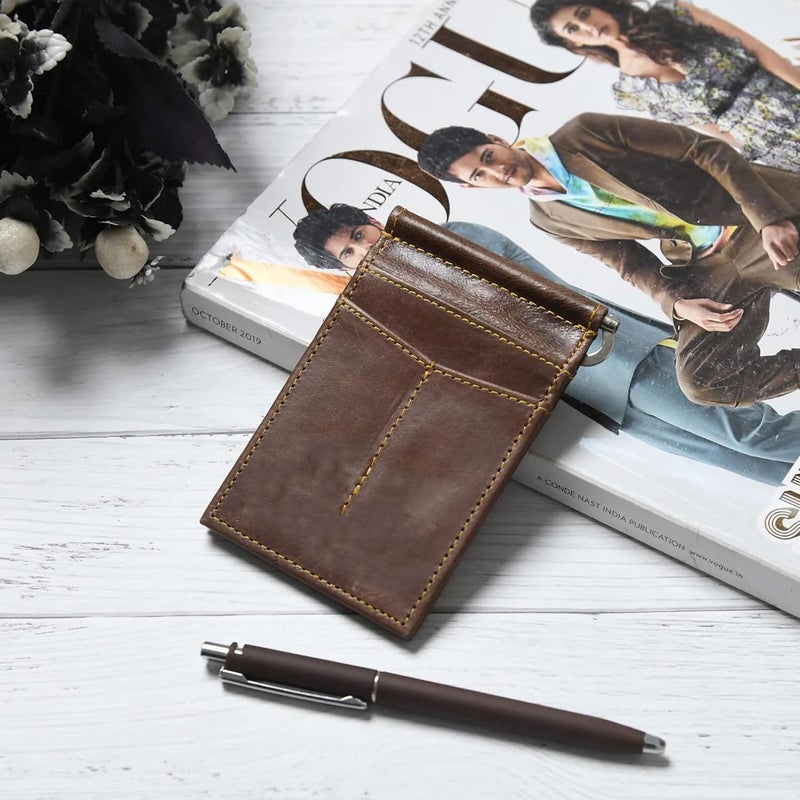 MaheTri Finley Money Clipper | Leather Wallets for Men with Strong Metal Clip | RFID Money Clip Wallet | Men's Front Pocket Minimalist Wallet (Walnut Brown) - Image 3