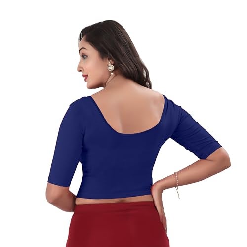 DESI GIRL - Round Neck Cotton Lycra Regular Fit Saree Blouse for Women | Bracelet - 3/4 Sleeve Readymade Stretchy Embroidered Design Festive Blouse Perfect for Saree, Lehenga, Kurti | R. Blue - 44 - Image 3
