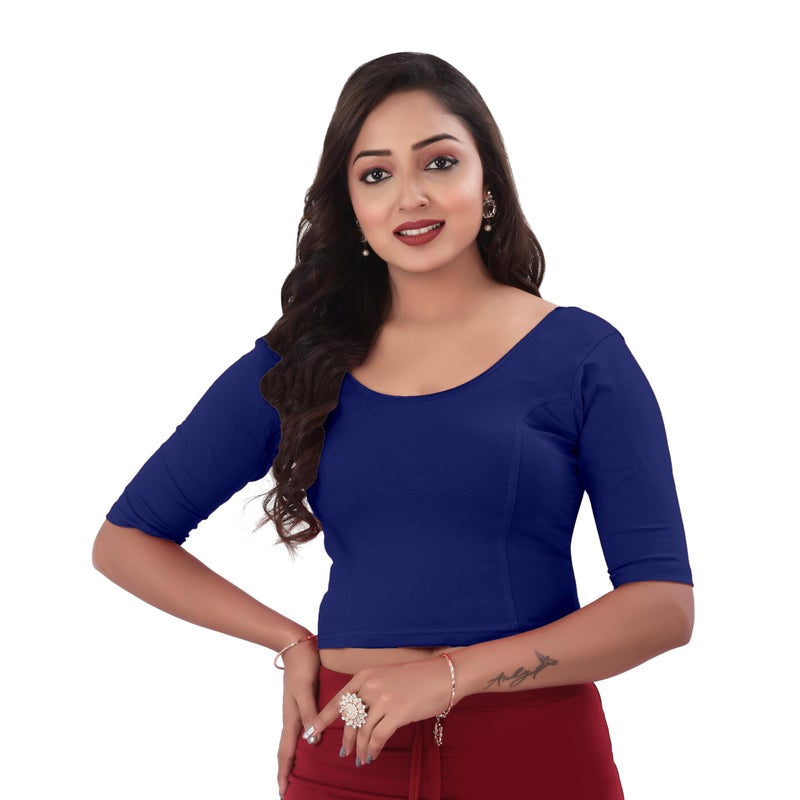DESI GIRL - Round Neck Cotton Lycra Regular Fit Saree Blouse for Women | Bracelet - 3/4 Sleeve Readymade Stretchy Embroidered Design Festive Blouse Perfect for Saree, Lehenga, Kurti | R. Blue - 44 - Image 4