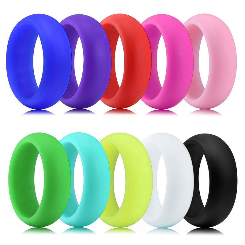 Longbeauty 10 Pack Candy Color Wedding Band for Men Women Flexible Comfort Sport Silicone Ring Black Red Blue Yellow Pink White Green Purple - Image 1