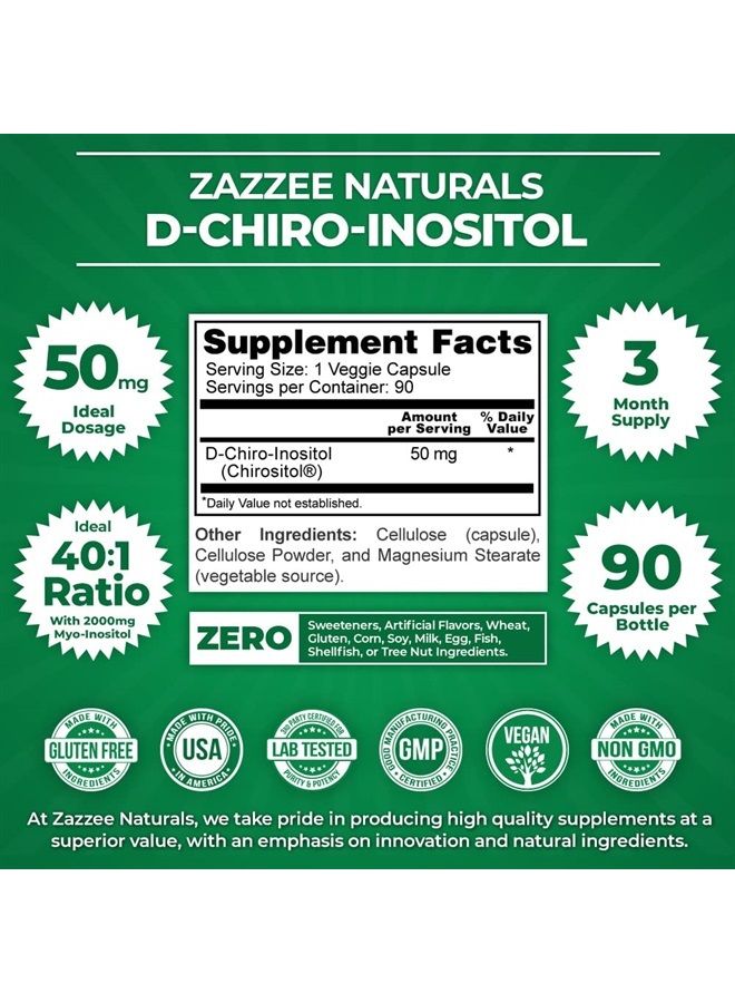 Zazzee D-Chiro-Inositol, 90 Vegan Capsules, 50 mg per Capsule, 3-Month Supply, Ideal Dosage for 40:1 Ratio with Myo-Inositol, Vegan, Non-GMO and All-Natural  - Image 2