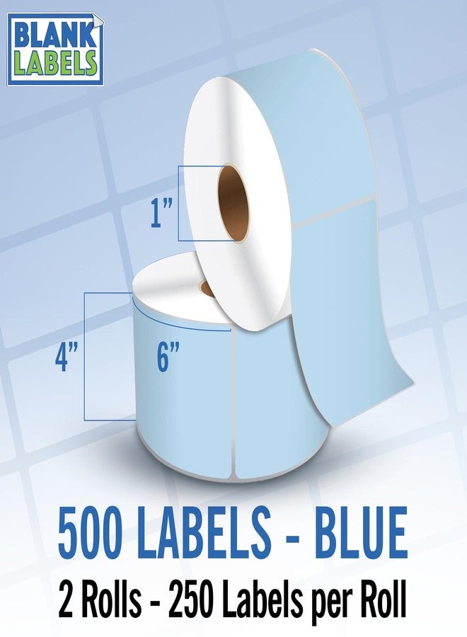Blank Labels 4" X 6" Direct Thermal Shipping Labels | Blue | 1" Cores w/Perfs Easy Tear | Made in USA | Printing Label | 500 Labels | 250 Labels per Roll | 2 Rolls | Blank Labels - Image 1
