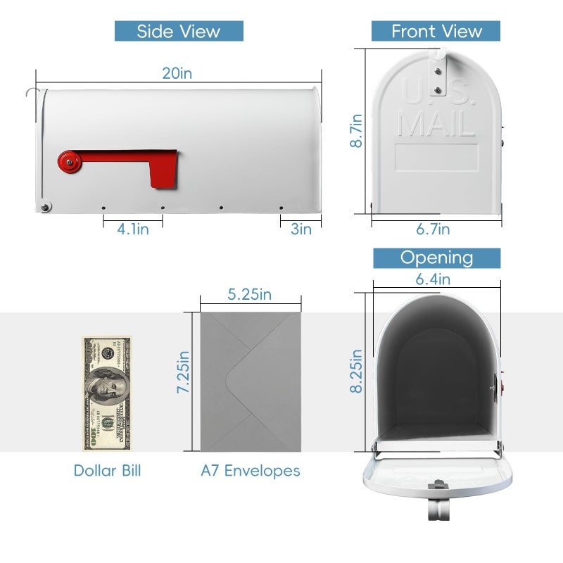 BlissBoard Metal Mailboxes Post Mount, Galvanized Steel Outside Mail Box, Standard Medium Capacity, 20 x 8.7 x 6.7 Inches, White - Image 2