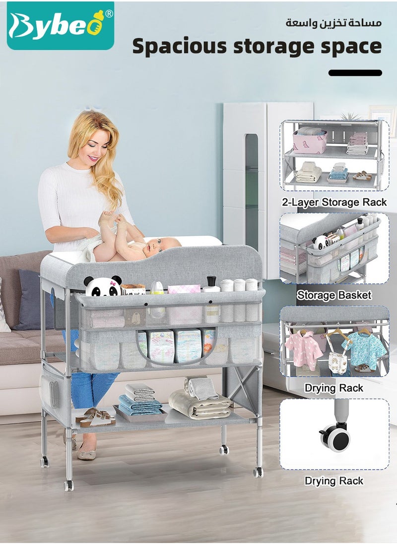 Bybeo - Baby Diaper Changing Table, Foldable Infant Diaper Station with Wheels, Nursery Organizer for Newborns, Babies Dresser Changing Table with Storage Rack, Strengthen Structure and 3 Adjustable Heights - Image 1