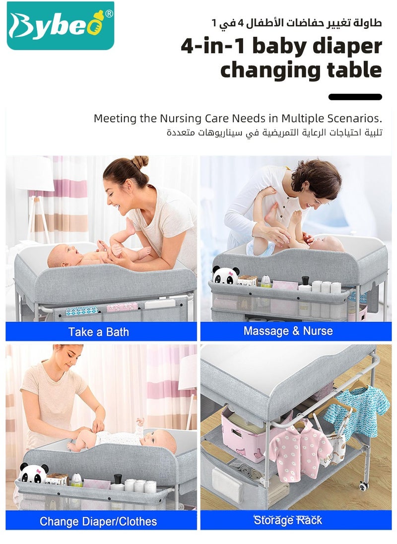 Bybeo - Baby Diaper Changing Table, Foldable Infant Diaper Station with Wheels, Nursery Organizer for Newborns, Babies Dresser Changing Table with Storage Rack, Strengthen Structure and 3 Adjustable Heights - Image 1