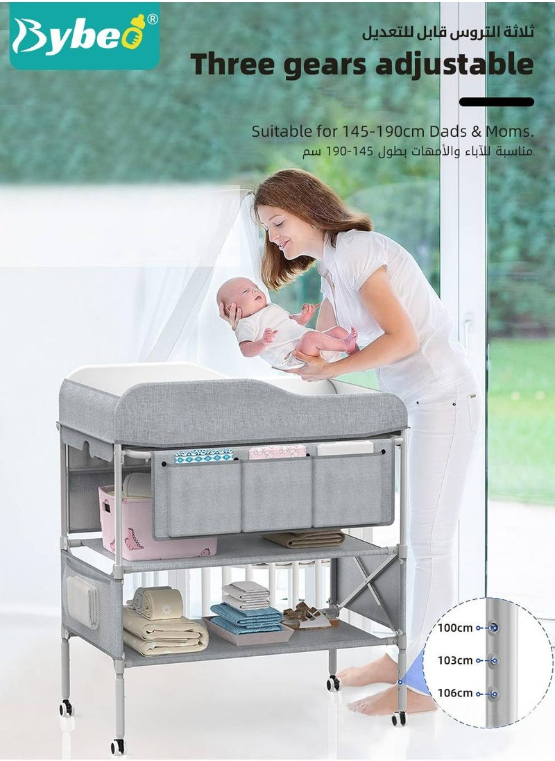 Bybeo - Baby Diaper Changing Table, Foldable Infant Diaper Station with Wheels, Nursery Organizer for Newborns, Babies Dresser Changing Table with Storage Rack, Strengthen Structure and 3 Adjustable Heights - Image 1