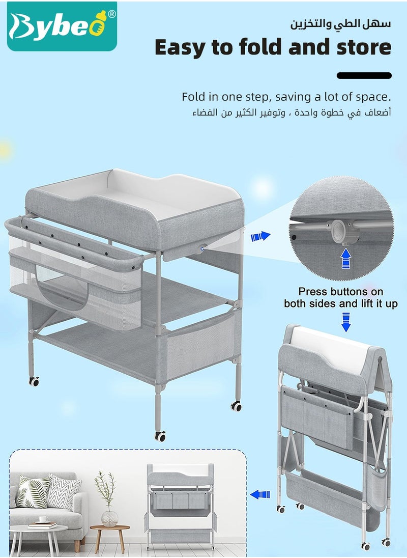 Bybeo - Baby Diaper Changing Table, Foldable Infant Diaper Station with Wheels, Nursery Organizer for Newborns, Babies Dresser Changing Table with Storage Rack, Strengthen Structure and 3 Adjustable Heights - Image 1