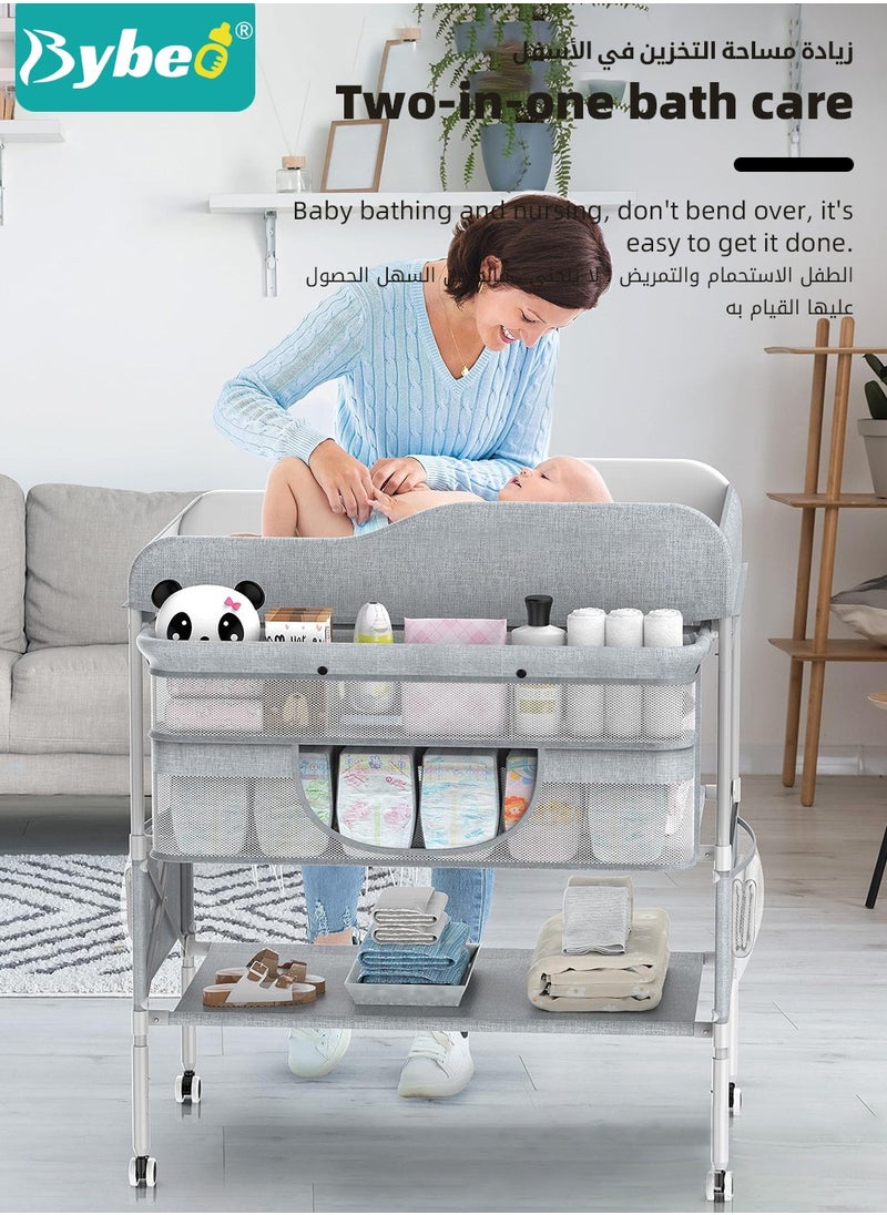 Bybeo - Baby Diaper Changing Table, Foldable Infant Diaper Station with Wheels, Nursery Organizer for Newborns, Babies Dresser Changing Table with Storage Rack, Strengthen Structure and 3 Adjustable Heights - Image 1