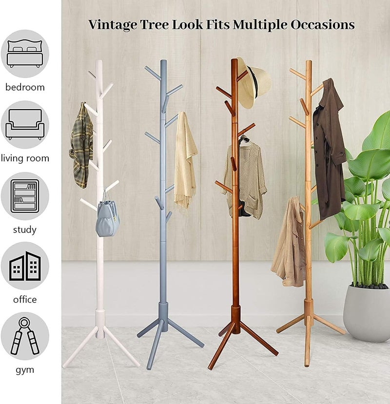 VORDERN Free Standing Coat Rack with 8 Hooks, Solid Sturdy Wooden Coat and Hat Rack Organizer with Tree-Like Design for Hanging Clothes Jackets, Hats, Scarves, Handbags in Office Home (Wooden) - Image 2