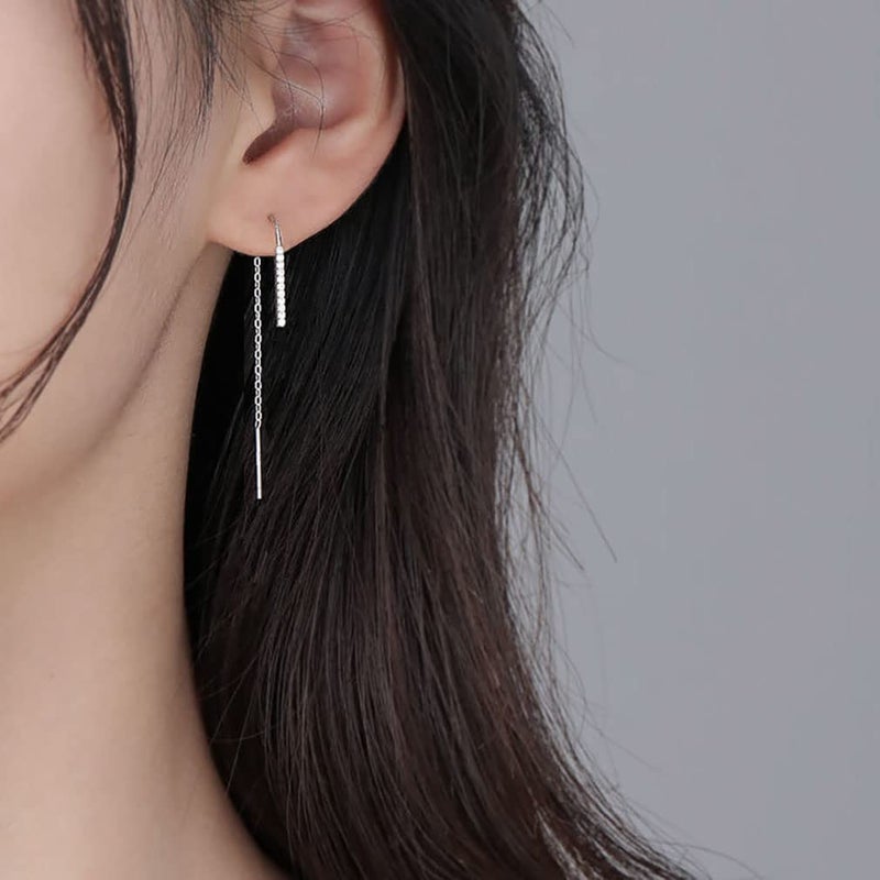 SLUYNZ 925 Sterling Silver Bar Threader Earrings Dangle for Women Teen Girls CZ Chain Dangle Earrings Drop Tassel - Image 2
