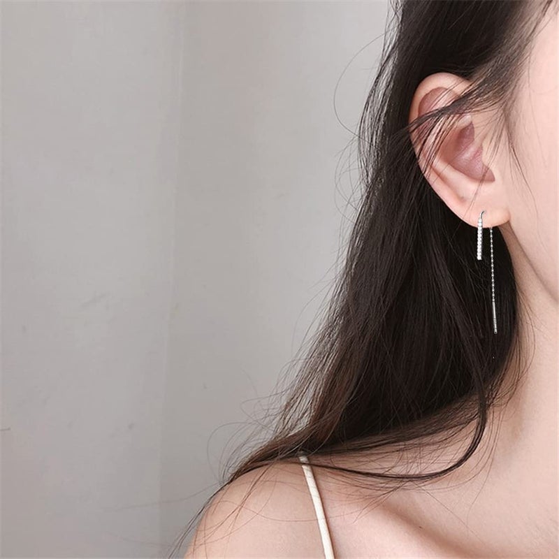 SLUYNZ 925 Sterling Silver Bar Threader Earrings Dangle for Women Teen Girls CZ Chain Dangle Earrings Drop Tassel - Image 3