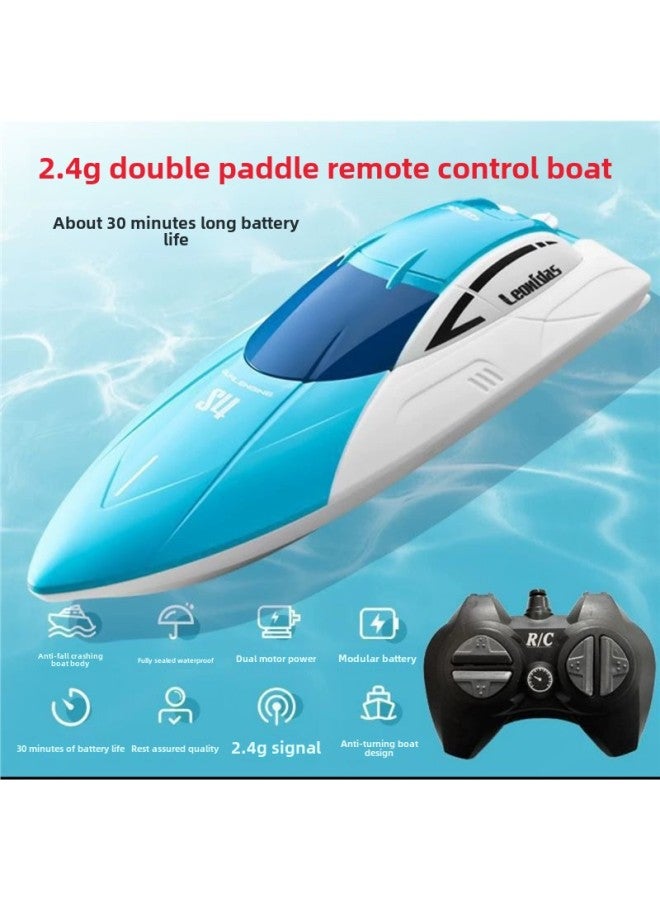 Remote Control Boat Remote Control Shark Playing In The Water Waterproof Camera Rechargeable True High-Speed Submarine Remote Control Boat Kidsren's Toy-Color:Standard Version-24cm Dual Motor Remote Control Speedboat Handle 2.4g Remote Control Blue-Specification:Super Value Dual Battery Including Two Sets Of Batteries + Charging Cable + Gifts  - Image 1