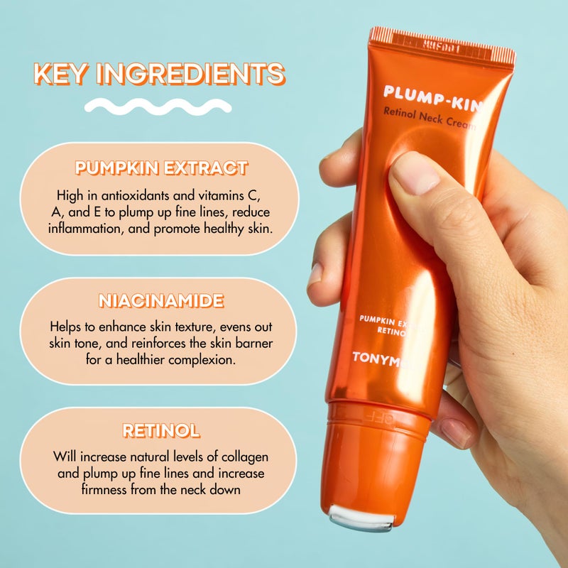 TONYMOLY Plump-kin Retinol Neck Cream Roller â€“ Anti-Aging Neck Cream for Tightening & Firming, Pumpkin Extract + Retinol, Hydrolyzed Collagen, 1.69 fl oz - Image 4