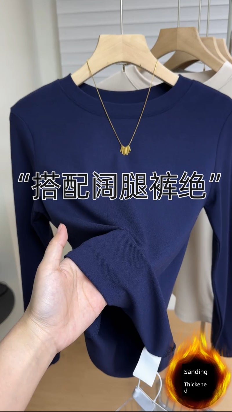 High-quality solid color round-neck long-sleeved base shirt, women's simple and versatile top, slimming temperament, elastic inner T-shirt, trendy - Image 2