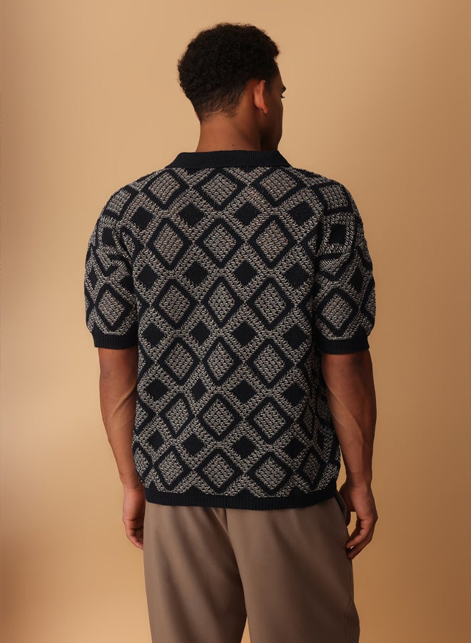 trendyol Navy Blue Oversize/Wide Cut Openwork Polo Neck Knitwear Tshirt - Image 4