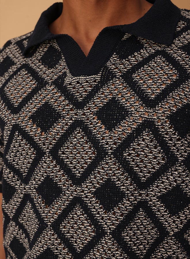 trendyol Navy Blue Oversize/Wide Cut Openwork Polo Neck Knitwear Tshirt - Image 3