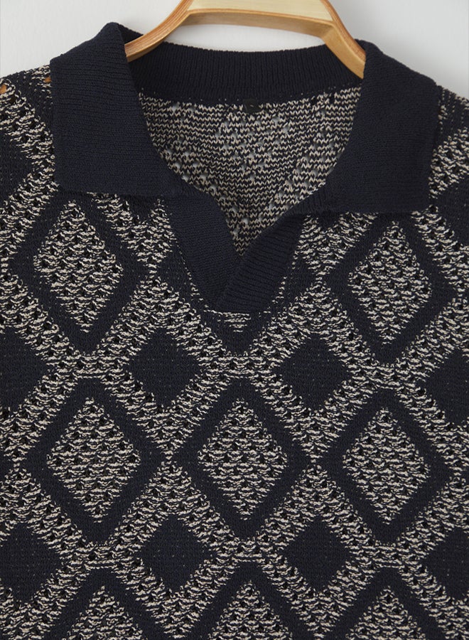 trendyol Navy Blue Oversize/Wide Cut Openwork Polo Neck Knitwear Tshirt - Image 5