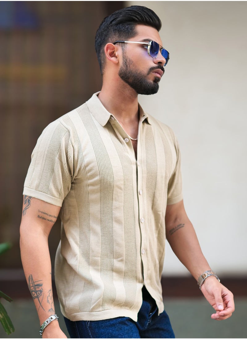 Maniac Maniac Mens Half Sleeve Beige Rib Stitch Flat Knit Cotton Shirt  - Image 2
