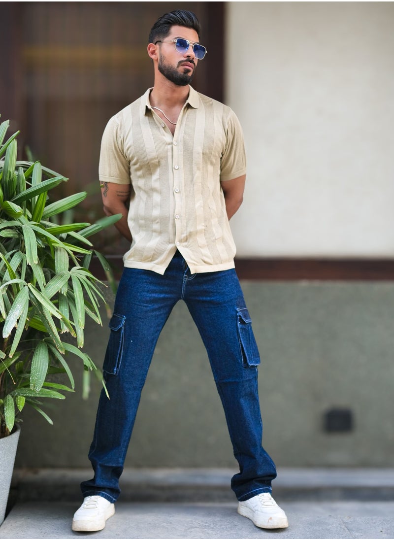 Maniac Maniac Mens Half Sleeve Beige Rib Stitch Flat Knit Cotton Shirt  - Image 5