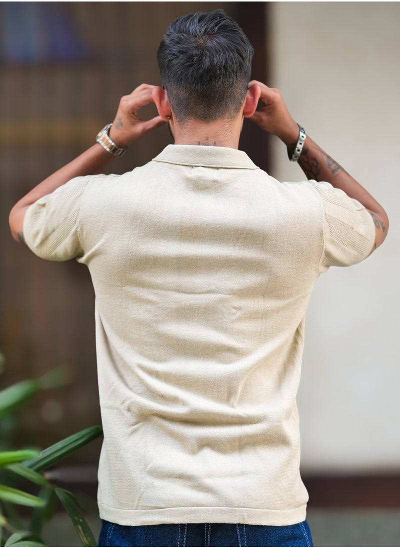 Maniac Maniac Mens Half Sleeve Beige Rib Stitch Flat Knit Cotton Shirt  - Image 3