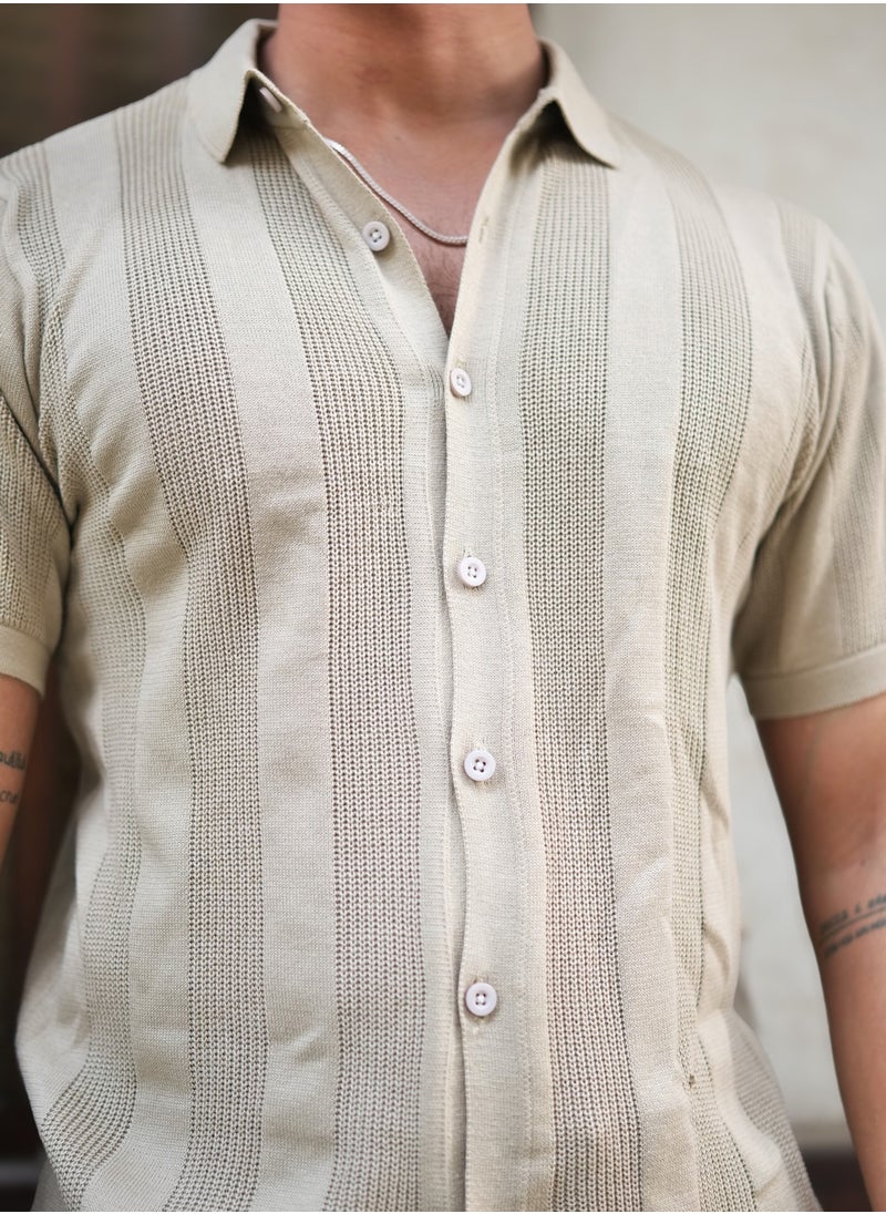 Maniac Maniac Mens Half Sleeve Beige Rib Stitch Flat Knit Cotton Shirt  - Image 4