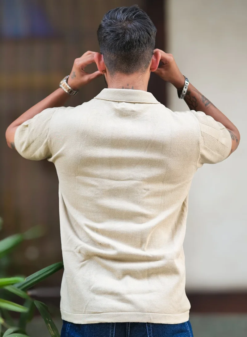 Maniac Maniac Mens Half Sleeve Beige Rib Stitch Flat Knit Cotton Shirt