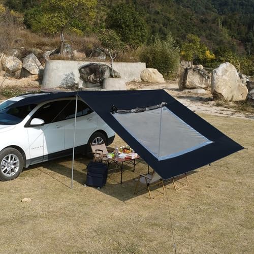 HipierFx 10x16 ft Car Side Awning with Pole Camping Tarp with Screen Window Car Tent for Cars Vans SUV Sun Shelter (Black) - Image 1