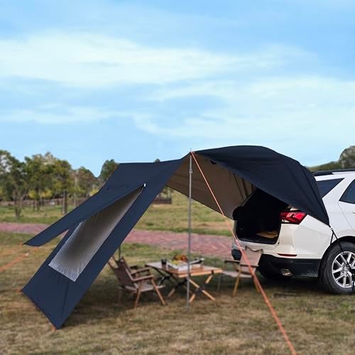 HipierFx 10x16 ft Car Side Awning with Pole Camping Tarp with Screen Window Car Tent for Cars Vans SUV Sun Shelter (Black) - Image 5