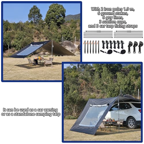 HipierFx 10x16 ft Car Side Awning with Pole Camping Tarp with Screen Window Car Tent for Cars Vans SUV Sun Shelter (Black) - Image 3