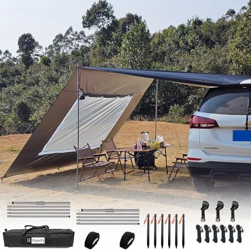 HipierFx 10x16 ft Car Side Awning with Pole Camping Tarp with Screen Window Car Tent for Cars Vans SUV Sun Shelter (Black) - Image 2