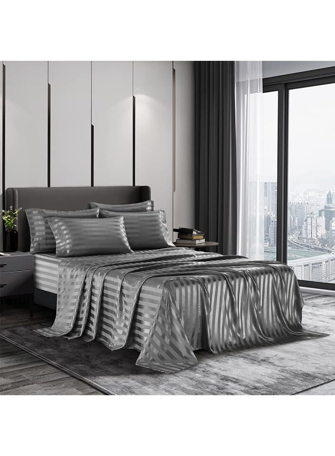 AiMay 6 Piece Satin Italian Style Bed Sheet Set Deep Pocket Stripes 1800 Luxury Rich Silk 1 Flat Sheet 1 Fitted Sheet 4 Envelope Pillowcases Stain-Resistant Wrinkle Free (Queen, Grey) - Image 1