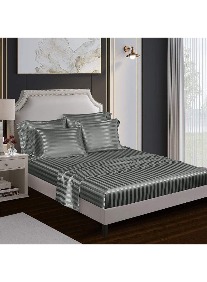 AiMay 6 Piece Satin Italian Style Bed Sheet Set Deep Pocket Stripes 1800 Luxury Rich Silk 1 Flat Sheet 1 Fitted Sheet 4 Envelope Pillowcases Stain-Resistant Wrinkle Free (Queen, Grey) - Image 3