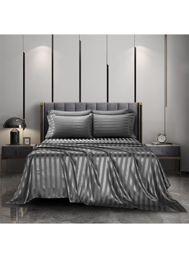 AiMay 6 Piece Satin Italian Style Bed Sheet Set Deep Pocket Stripes 1800 Luxury Rich Silk 1 Flat Sheet 1 Fitted Sheet 4 Envelope Pillowcases Stain-Resistant Wrinkle Free (Queen, Grey) - Image 2