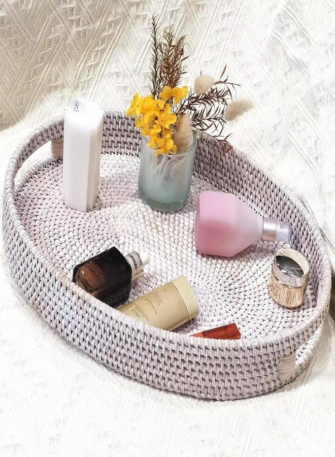 i-lan 17 Inch White Oval Rattan Extra Large Rattan Severing Tray Platter with Handle for Fruit,Breakfast,Drinks,Natural Wicker Woven Serving Basket Ottoman Tray for Coffee Table - Image 3