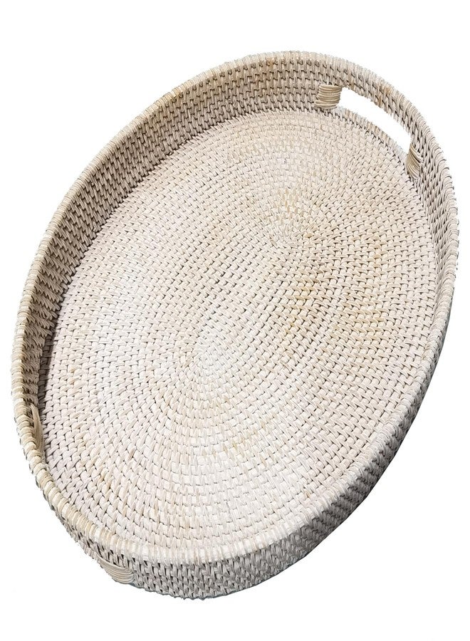 i-lan 17 Inch White Oval Rattan Extra Large Rattan Severing Tray Platter with Handle for Fruit,Breakfast,Drinks,Natural Wicker Woven Serving Basket Ottoman Tray for Coffee Table - Image 1