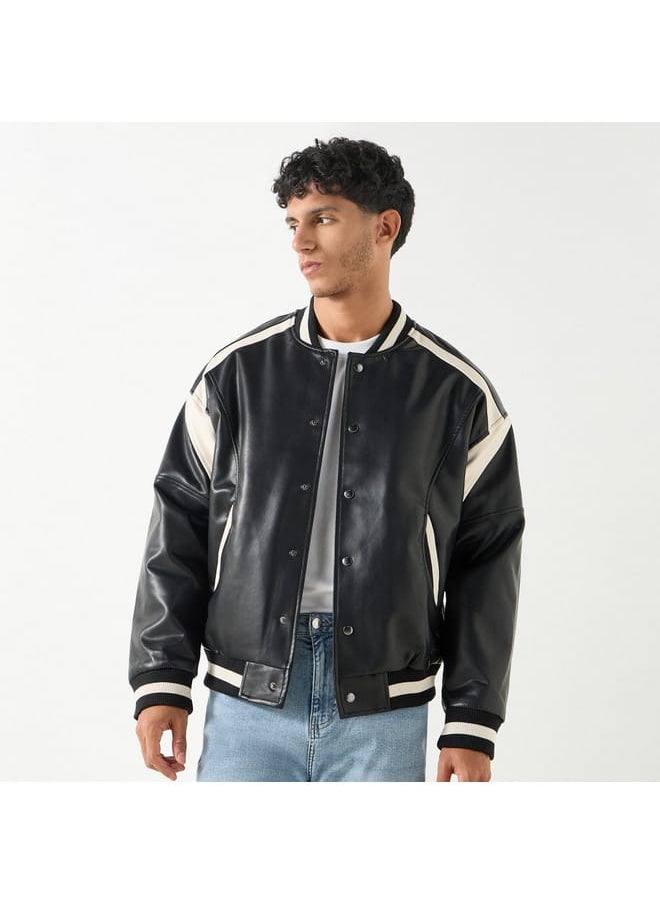 Lee Cooper Colourblock Bomber Jacket with Button Closure and Long Sleeves