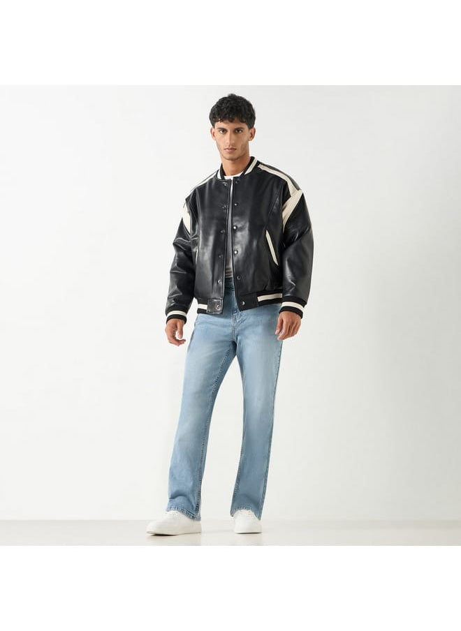 Lee Cooper Colourblock Bomber Jacket with Button Closure and Long Sleeves