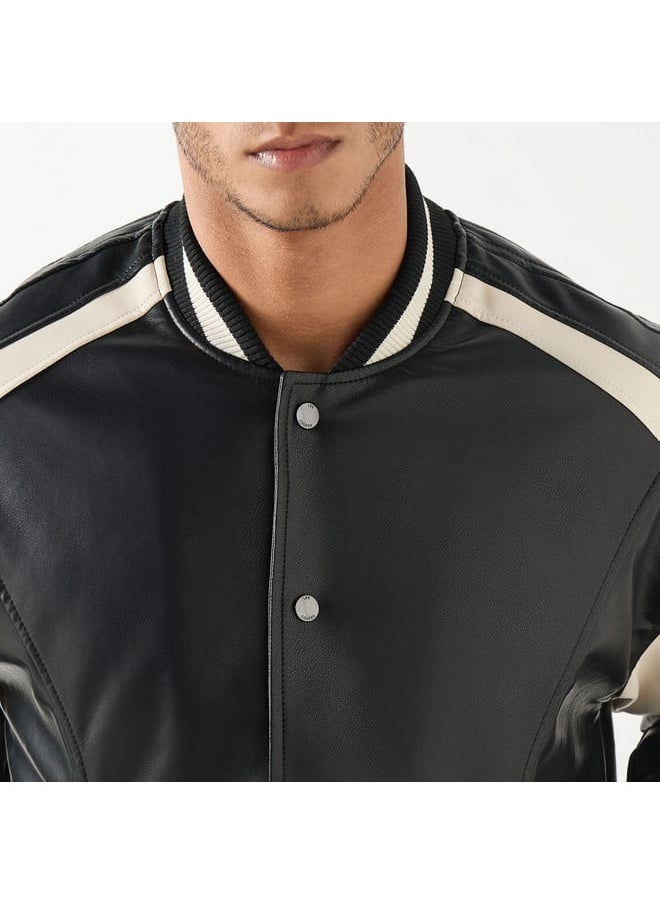Lee Cooper Colourblock Bomber Jacket with Button Closure and Long Sleeves