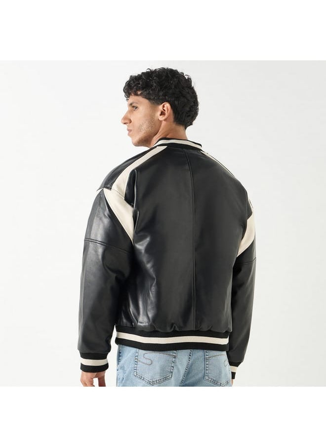 Lee Cooper Colourblock Bomber Jacket with Button Closure and Long Sleeves