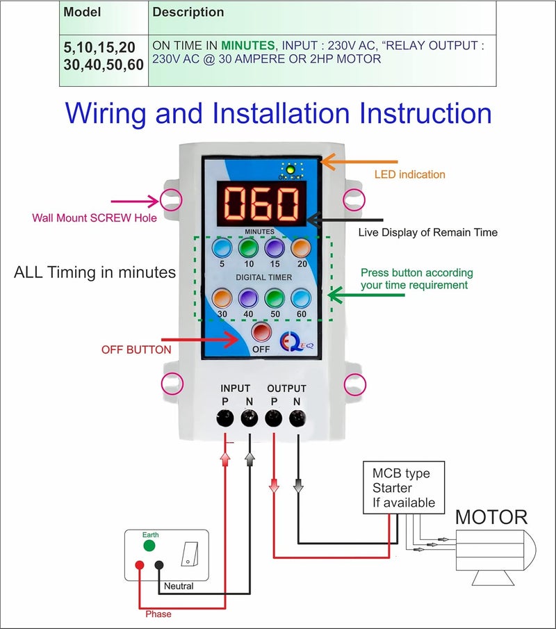 ELEQUA 510152030405060 Minutes Timer Switch for Geyser Heater Oven Water Motor Pump 05HP to 2 HP Single Phase  - Image 5