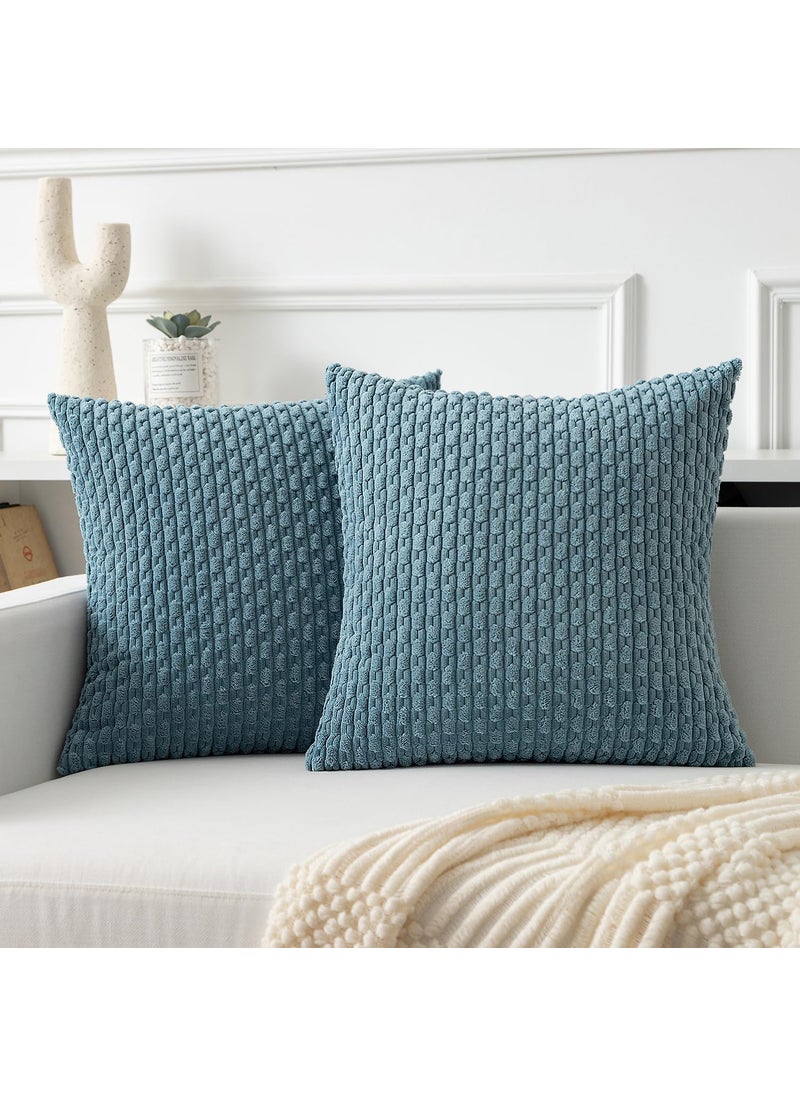 K KEVIN TEXTILE Kevin Textile Throw Pillow Covers Soft Corduroy Decorative Set of 2 Boho Striped Pillow Covers Pillowcases Farmhouse Home Decor for Couch Bed Sofa Living Room 26x26 Inch Blue Grey  - Image 1
