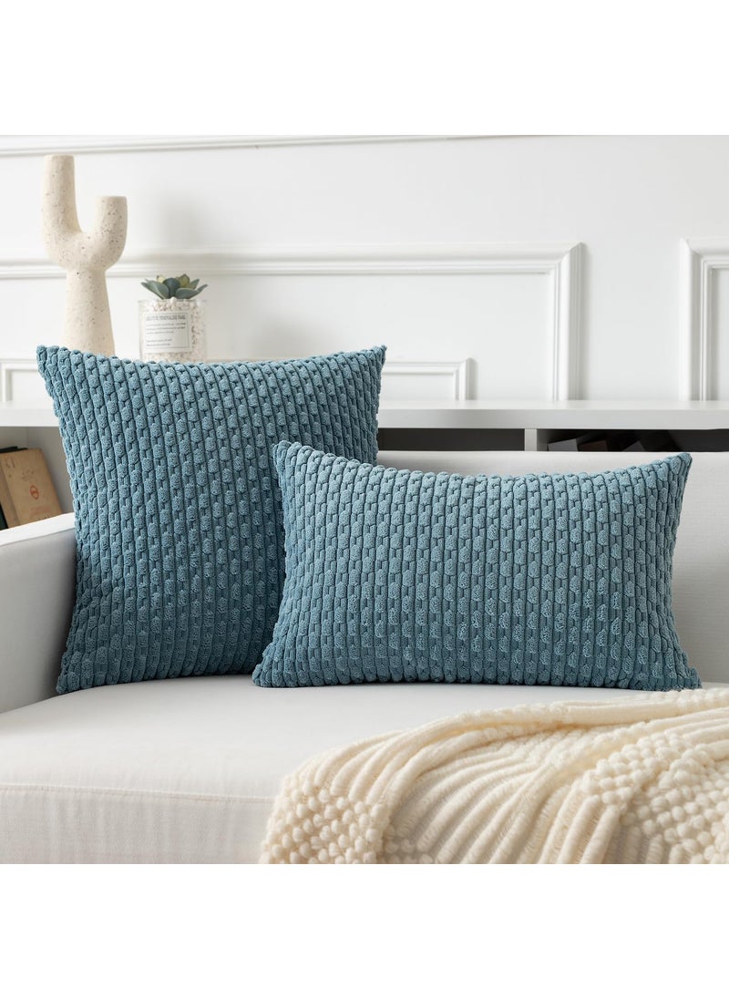 K KEVIN TEXTILE Kevin Textile Throw Pillow Covers Soft Corduroy Decorative Set of 2 Boho Striped Pillow Covers Pillowcases Farmhouse Home Decor for Couch Bed Sofa Living Room 26x26 Inch Blue Grey  - Image 4