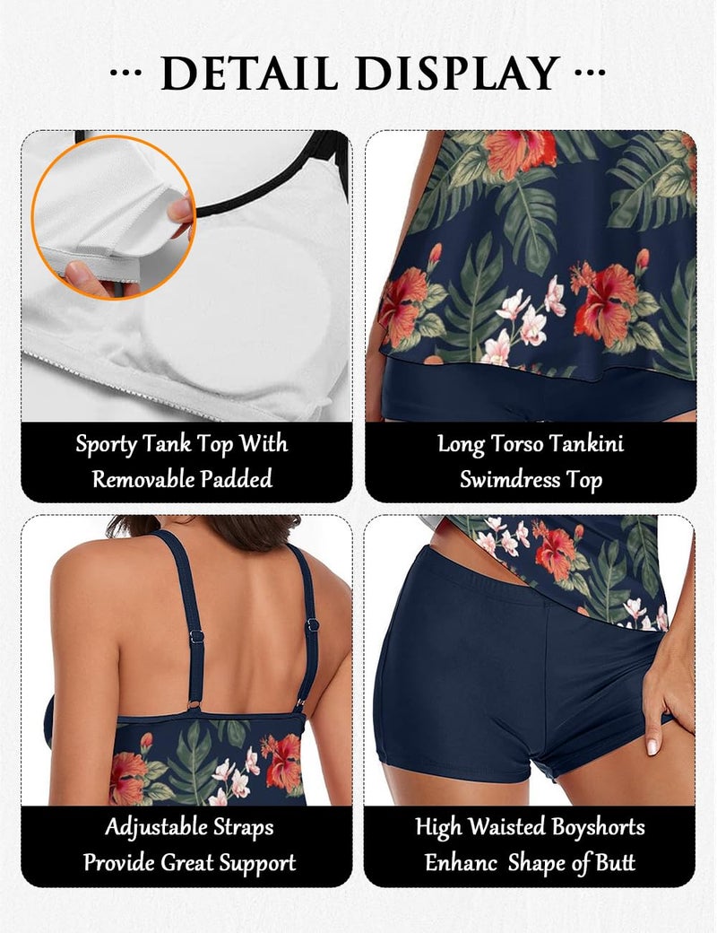 Urchics Stylish Swim Suits for Women Slimming Tankini Set Adjustable Straps 2 Piece Swimwear Tropical Hawaii Beach Pool Party Photoshoot Flattering Hides Belly Perfect for Vacation Tropical Navy L - Image 4