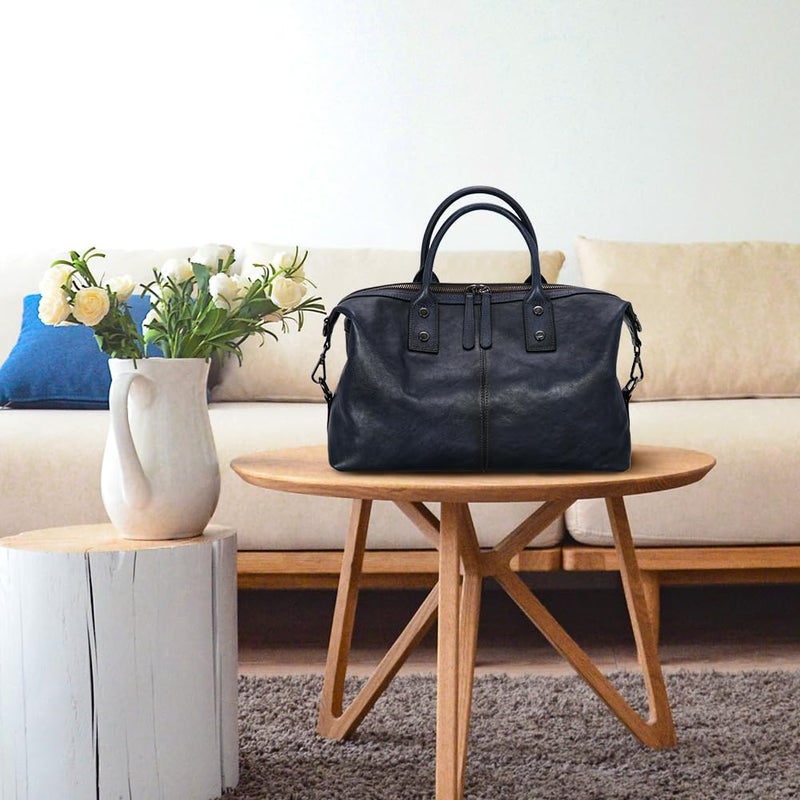 Iswee Genuine Leather Satchel Tote Bag Top Handle Handbag Designer Shoulder Bag Large Capacity Cross Body Bag (Navy Blue) - Image 3