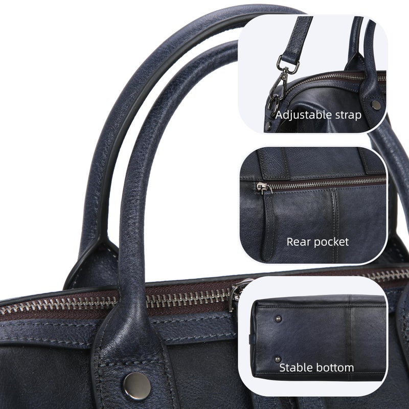 Iswee Genuine Leather Satchel Tote Bag Top Handle Handbag Designer Shoulder Bag Large Capacity Cross Body Bag (Navy Blue) - Image 4